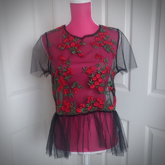Tops - 🌹EMBROIDERED🌹 floral mesh top